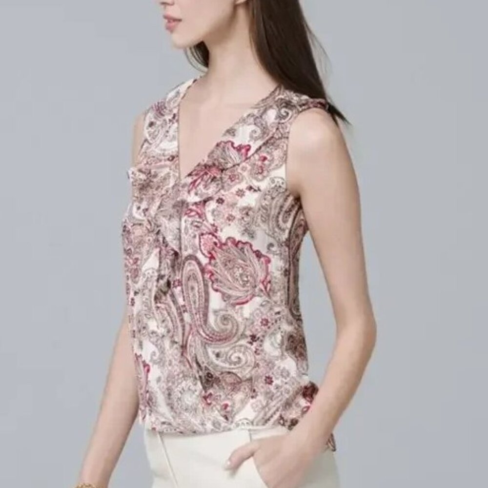 WHBM Sleeveless Ruffled V Neck Paisley Print Top, Petite Size 2